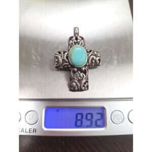 Sydney Evan Signed Block Turquoise Cross Pendant‎ 925 Silver 8.9 Gram
